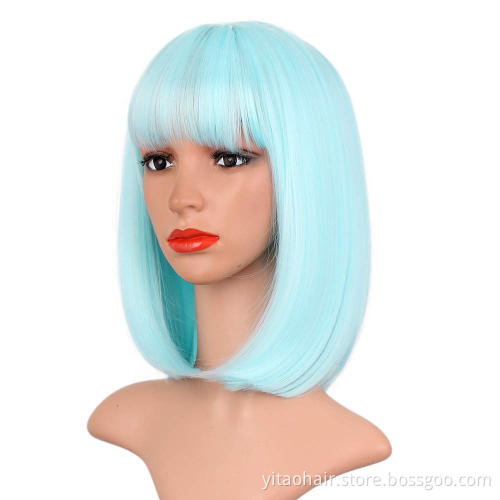 Natural Looking Pastel Mint Green Replacement Wig Neon Color Short Bob Hair with Bangs  Machine Made None Lace Synthetic Wig